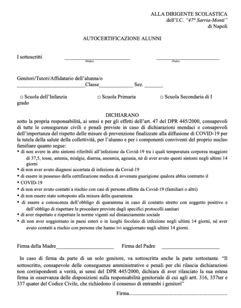 Autocertificazione alunni